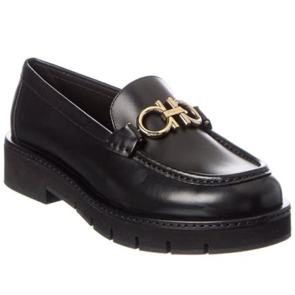 Salvatore Ferragamo Black Leather Loafers with Gold Accent